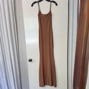 SKIMS Chestnut Brown Slip Maxi Dress with Spaghetti Straps